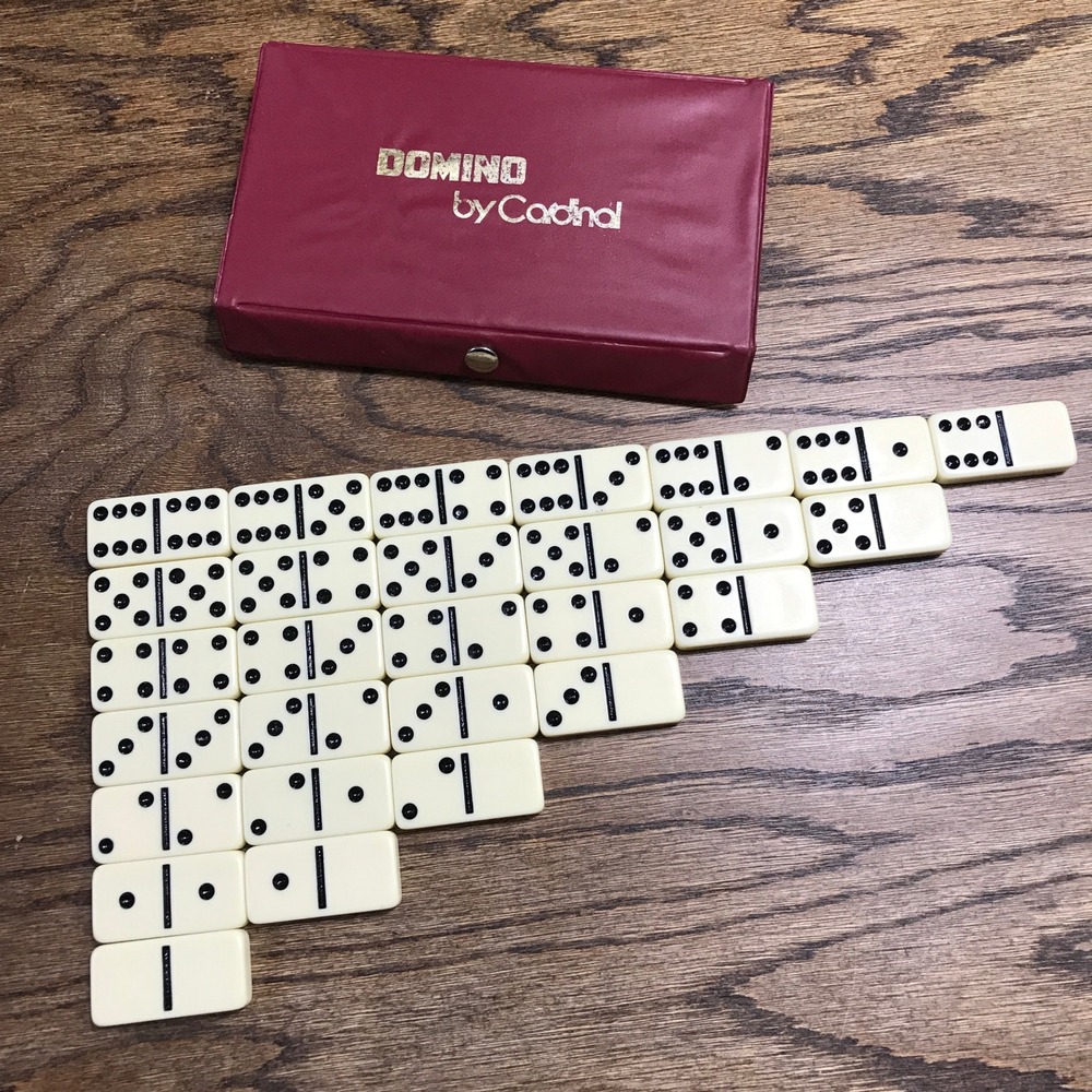 Cardinal Double Six Dominoes Set Vintage Ivory Color Black Pips Burgundy Case